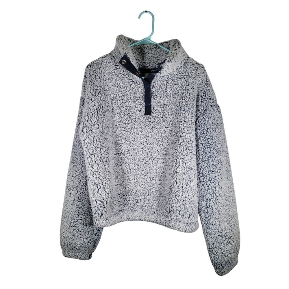 SO Women's Extra Soft Fuzzy Sweatshirt Gray Button Neck Pullover Sz M